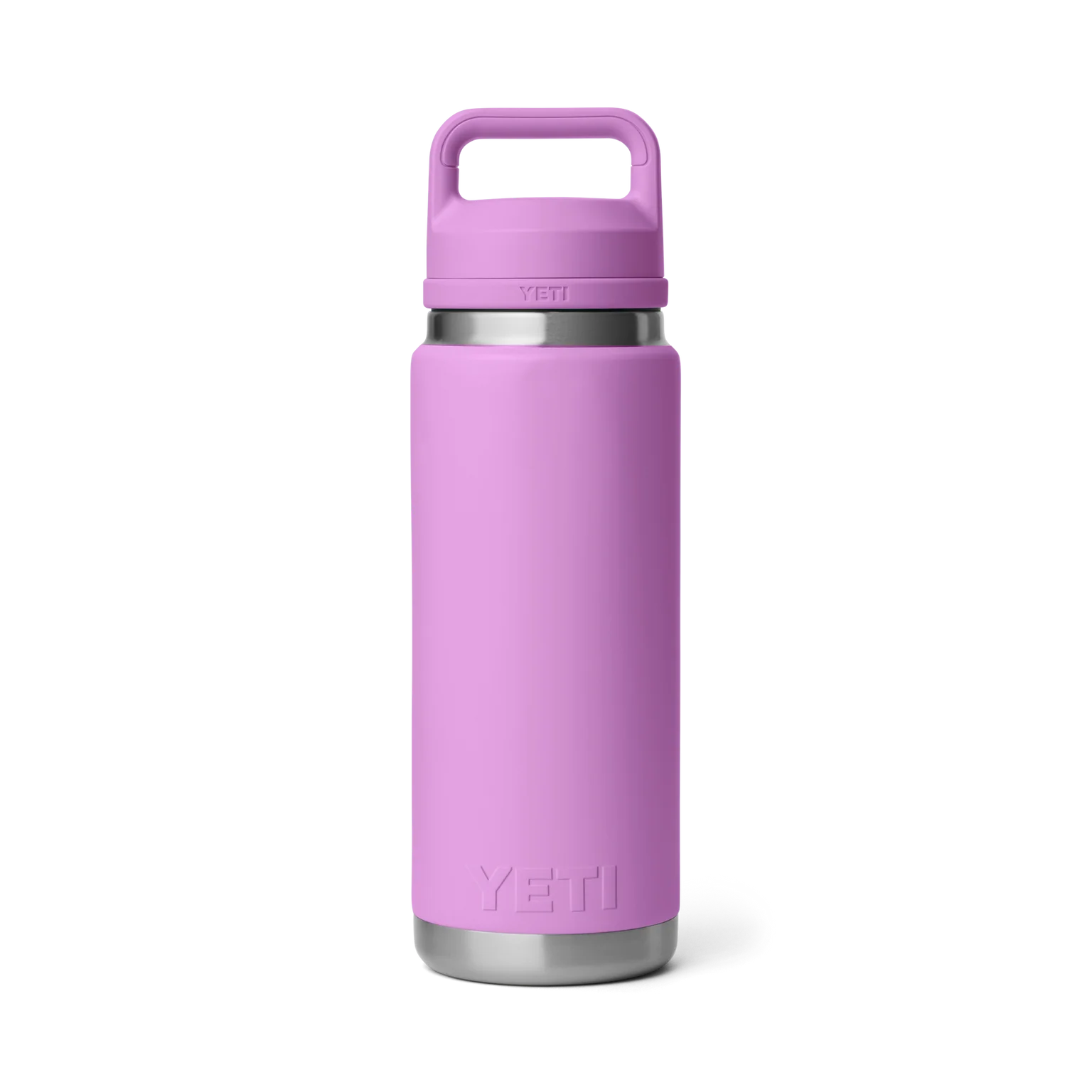 Purple YETI water bottle with a silver base and handle on a white background