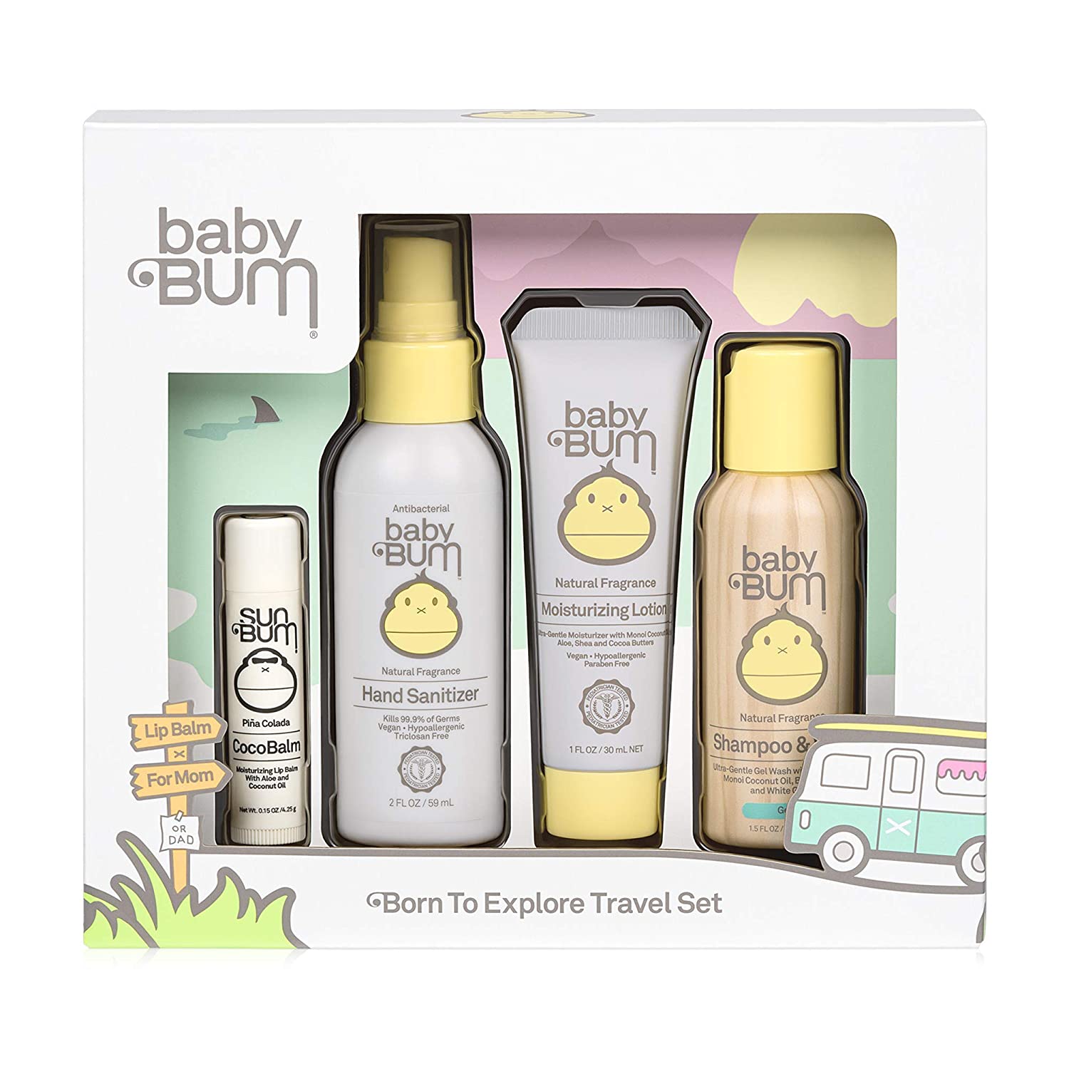 BABY BUM BORN TO EXPLORE TRAVEL SET SUNBUM SKIN CARE GIFT IDEA MOISTURIZING LOTION SHAMPOO AND CONDITIONER HAND SANITIZER COCO BLAM LIP BALM
